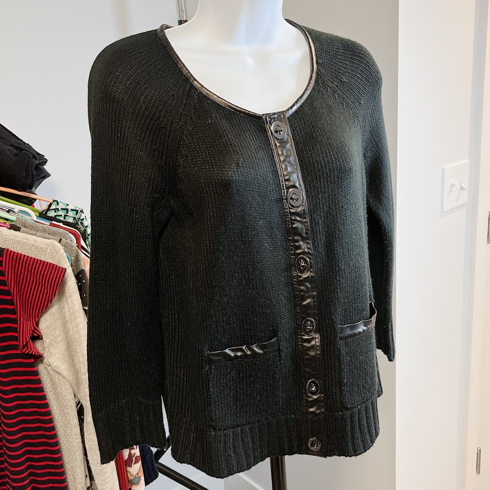 The Limited // Black Toggle Button Down Pleather Accent 3/4 Sleeve Cardigan